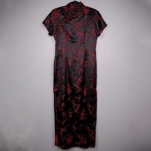 Yan's Collection Chinese Mandarin black and red floral side slit dress-M